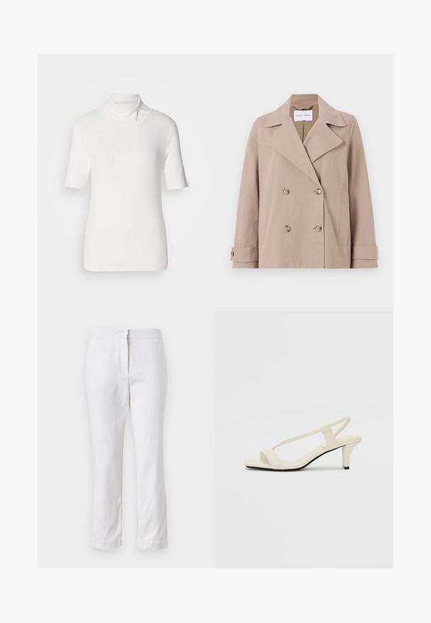 Beige Doppelreiherjacke aus einem Baumwollmischgewebe, mit großen Revers, zwei vorderen Taschen und geknöpften Manschetten.; Weißes kurzärmliges Turtleneck-Oberteil aus dehnbarem Stoff, mit einem hohen Kragen und einem Reißverschluss-Detail am Ausschnitt.; Weiße Baumwollhose mit geradem Bein, mittelhoher Taille und ohne sichtbare Beschläge oder Muster. Glatte Textur auf der gesamten Fläche.; Beige Blockabsatzsandalen mit dünnen Riemen und quadrater Spitze. Glattes Material mit minimalem Design, entworfen für einfaches Tragen.