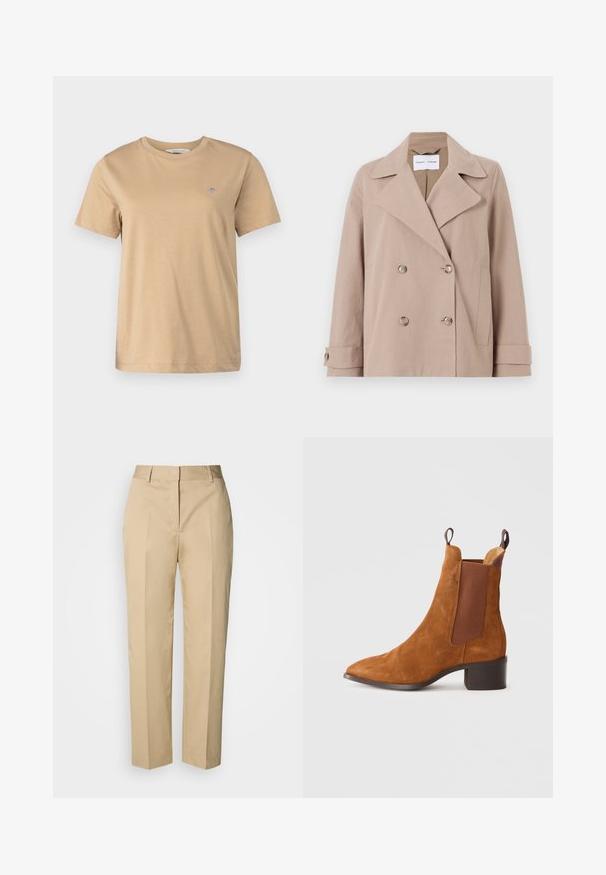 Bež jakna s dvostrukim kopčanjem izrađena od mješavine pamuka, s velikim reverima, dva prednja džepa i rukavima s gumbima.; GANT SHIELD - Osnovna majica kratkih rukava - caramel beige; Bež hlače ravnog kroja s prorezima za pojas, prednjom nabora i skrivenim zatvaračem, prikazane na svijetloj pozadini.; Smešasti antilop čizme do gležnja s špicastim đonom, elastičnim bočnim panelima i niskim blok petama. Imaju uške za lako oblačenje.
