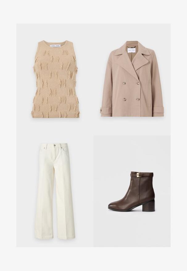 Béžové dvojradové sako vyrobené z bavlneno-polyesterovej zmesi, s veľkými reverzami, dvoma prednými vreckami a gombíkovými manžetami.; Bežový pletený top bez rukávov s textúrovaným dizajnom a vyčnievajúcimi strapcami, s rebrovaným výstrihom a spodným lemom.; Biele džínsy s širokými nohavicami vyrobené z bavlnenej zmesi. Majú zips, päť vreciek a švy so zafarbením.; Hnedé kožené členkové topánky s okrúhlou špičkou, nízkym blokovým podpätkom a dekoratívnym prackovým pásikom okolo členku. Hladká textúra a elegantný dizajn.