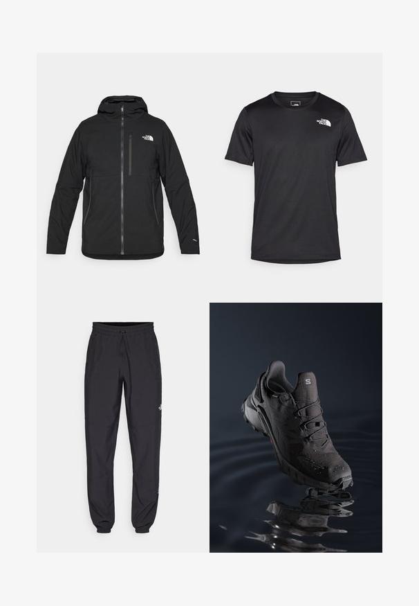 Giacca nera con cappuccio realizzata in tessuto texture, dotata di zip frontale, tasca sul petto e logo sul lato sinistro superiore.; T-shirt nera a maniche corte realizzata in tessuto testurizzato, con un piccolo logo bianco nella parte superiore sinistra del petto, colletto rotondo.; Pantaloni sportivi neri realizzati in tessuto leggero, con vita regolabile con cordino, tasche laterali e orli affusolati alle caviglie.; Scarpa da trail running nera con tomaia testurizzata, sistema di allacciatura e suola in gomma. Presenta un materiale impermeabile e dettagli rossi.