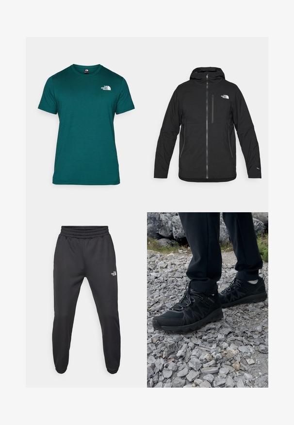 Černá mikina s kapucí vyrobená z texturované tkaniny, s předním zipem, náprsní kapsou a logem na levé horní straně.; Tyrkysové tričko s krátkým rukávem vyrobené z měkkého materiálu. Má kulatý výstřih a bílé logo na levé části hrudi. Nemá žádné viditelné vzory nebo akcenty.; Černé tepláky s nastavitelným pasem, zúženým střihem, elastickými manžetami a malým bílým logem na levém stehně, vyrobené z hladké tkaniny.; Černé venkovní boty z prodyšného a syntetického materiálu, s texturovaným svrškem, bezpečným šněrovacím systémem a robustní podrážkou, na skalnatém terénu.