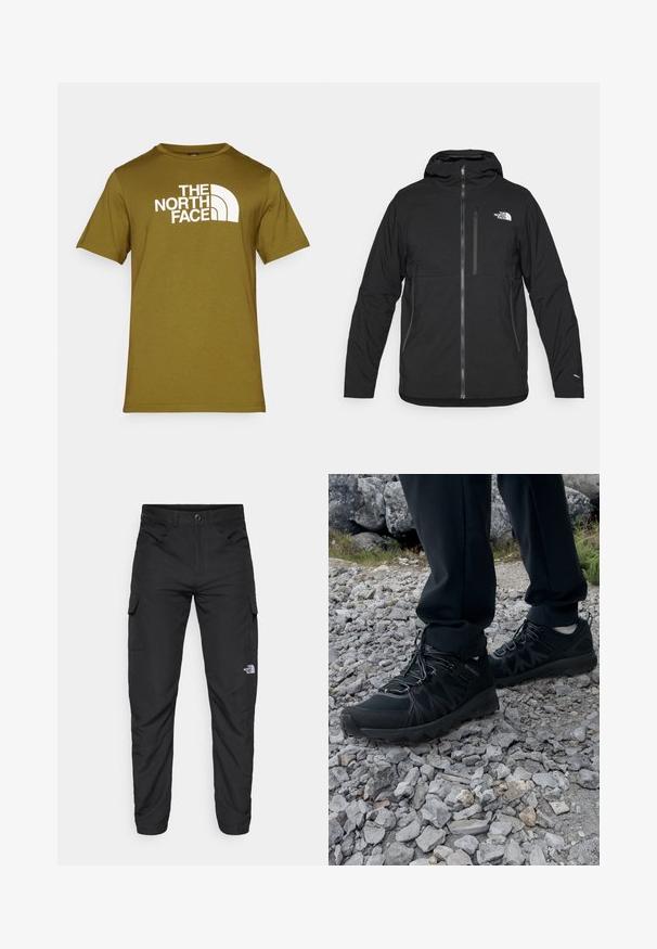 Sort hættetrøje lavet af struktureret stof, med en frontlynlås, en brystlomme og et logo øverst til venstre.; Oliven grøn bomulds t-shirt med et hvidt logo print af "THE NORTH FACE" og buede designelementer på forsiden. Rund halsudskæring, korte ærmer.; The North Face HORIZON PANT - Outdoorbukser - black; Sorte udendørssko med mesh og syntetisk materiale, med en tekstureret overdel, sikre snørebånd og en robust ydersål, på klippelandskab.