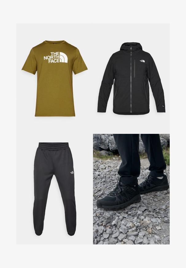 Sort hættetrøje lavet af struktureret stof, med en frontlynlås, en brystlomme og et logo øverst til venstre.; Oliven grøn bomulds t-shirt med et hvidt logo print af "THE NORTH FACE" og buede designelementer på forsiden. Rund halsudskæring, korte ærmer.; Sorte sweatpants med snor i livet, tætsiddende pasform, elastiske manchetter og et lille hvidt logo på venstre lår, lavet af glat stof.; Sorte udendørssko med mesh og syntetisk materiale, med en tekstureret overdel, sikre snørebånd og en robust ydersål, på klippelandskab.