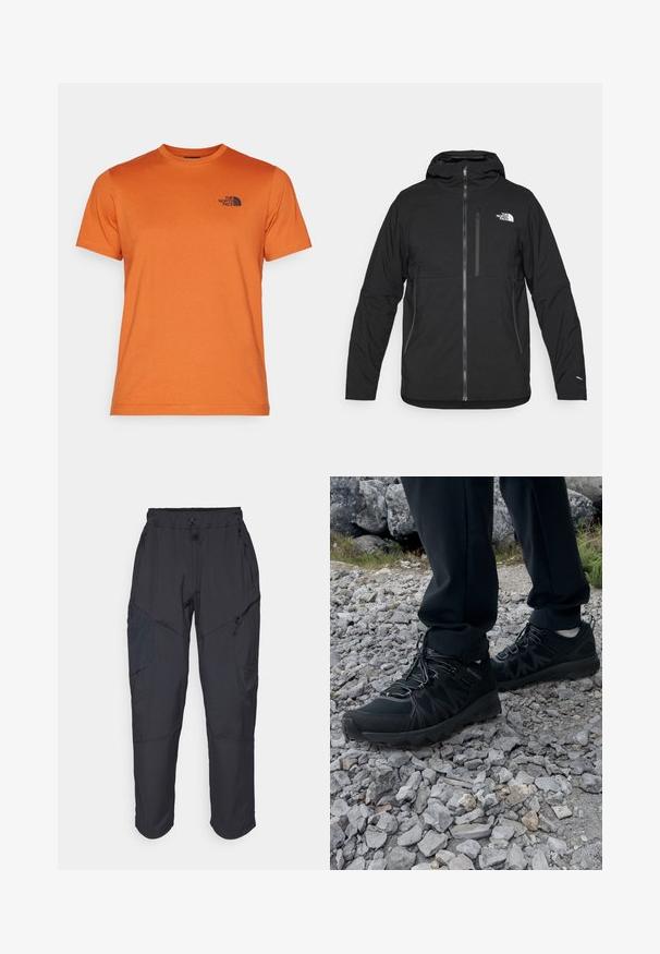 Svart hettejakke laget av teksturert stoff, med glidelås foran, en brystlomme og en logo på øvre venstre side.; The North Face M SS SIMPLE DOME TEE - T-skjorte til trening - earthen copper; Sorte cargo bukser laget av et lett, vannavvisende materiale; har elastisk midje, flere glidelåslommer og smale ben.; Sorte utendørssko i svart med mesh og syntetisk materiale, med en teksturert overdel, sikret snøresystem og en robust såle, på steinete terreng.