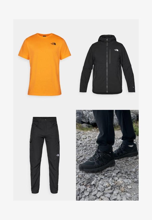 Black hooded jacket made of textured fabric, featuring a front zipper, a chest pocket, and a logo on the upper left side.; Orange cotton t-shirt featuring a crew neckline and short sleeves. The left chest has a black logo design. Smooth texture, standard fit.; The North Face HORIZON PANT - Outdoor trousers - black; Black outdoor shoes with mesh and synthetic material, featuring a textured upper, secured lacing system, and a rugged outsole, on rocky terrain.