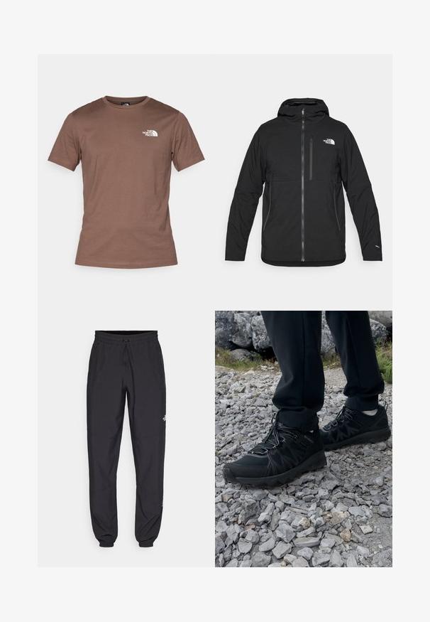 Musta huppari, joka on valmistettu teksturoidusta kankaasta ja jossa on etuvetoketju, rintatasku sekä logo vasemmalla ylhäällä.; The North Face M SS SIMPLE DOME TEE - Tekninen t-paita - smokey brown; Mustat urheiluhousut, jotka on valmistettu kevyestä kankaasta. Housuissa on naru vyötäröllä, sivutaskut ja kapenevat hihnat nilkoissa.; Mustat ulkokengät, joissa on verkko- ja synteettinen materiaali, teksturoitu päällinen, varma nauhoitusjärjestelmä ja kestävä pohja kivikkoisella maastolla.