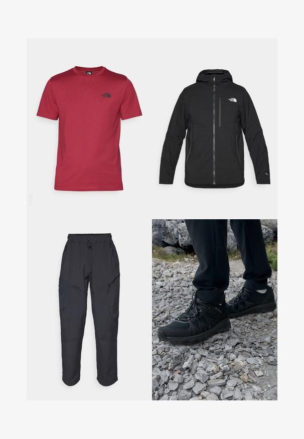 Schwarze Kapuzenjacke aus strukturiertem Stoff, mit einem Reißverschluss auf der Vorderseite, einer Brusttasche und einem Logo auf der oberen linken Seite.; The North Face M SS SIMPLE DOME TEE - Sport T-Shirt - beetroot; Schwarze Cargo-Hosen aus leichtem, wasserabweisendem Material; verfügen über einen elastischen Bund, mehrere Reißverschlusstaschen und schmal zulaufende Beine.; Schwarze Outdoor-Schuhe aus Mesh und synthetischem Material, mit einer strukturierten Oberseite, gesichertem Schnürsystem und griffiger Laufsohle, auf felsigem Gelände.