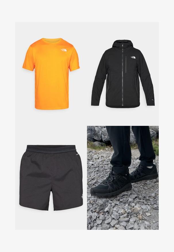 Chaqueta negra con capucha hecha de un tejido texturizado, que cuenta con una cremallera frontal, un bolsillo en el pecho y un logo en la parte superior izquierda.; Camiseta de manga corta en naranja brillante con cuello redondo. Fabricada con material transpirable, presenta un pequeño logo blanco en la parte superior izquierda.; Bañadores negros confeccionados en tela ligera con un patrón de cuadros. Cuentan con una cintura elástica y un logo en el frente.; Zapatos exteriores negros con malla y material sintético, que presentan un upper texturizado, un sistema de cordones seguro y una suela robusta, sobre terreno rocoso.