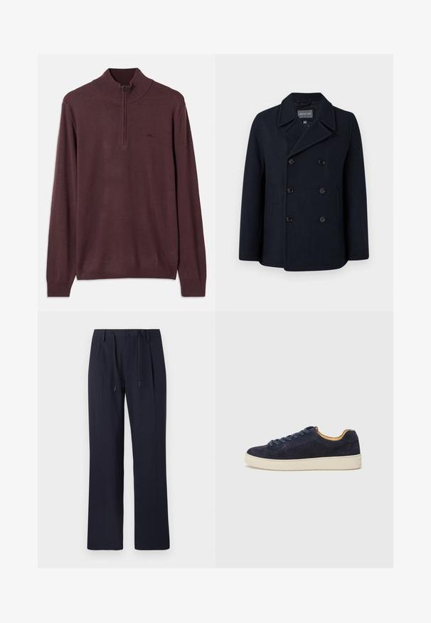 Mescola di lana blu navy, doppiopetto con chiusura a bottoni, colletto a sottogola, tasche laterali e texture morbida. Interno foderato.; Maglione in maglia marrone a maniche lunghe con colletto a mezza zip e polsini e orlo a coste, mostrato su uno sfondo bianco.; Pantaloni blu navy con design a gamba dritta, realizzati in tessuto testurizzato. Presentano una chiusura frontale con bottone e una vita regolabile con cordoncino.; Sneaker bassa in suede blu navy con punta tondeggiante, suola in gomma bianca sporca e lacci abbinati; presenta un rivestimento interno a contrasto in tonalità tan.