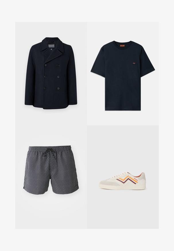 Peacoat de mezcla de lana en color marino con cierre de botones de doble botonadura, cuello con muesca, bolsillos laterales y textura suave. Interior forrado.; Camiseta de algodón azul marino con cuello redondo y mangas cortas. Presenta un pequeño logo en zigzag rojo y blanco en el pecho.; Bañador negro con un patrón circular blanco, cinturilla elástica con cordón y un corte holgado para mayor comodidad.; Zapatillas de ante en gris claro con rayas en zigzag en naranja, granate y crema. Suela de goma, puntera redonda y cordones con ojales. Logo en el lateral.