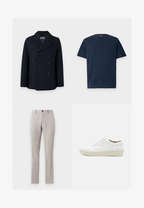 Granatowy płaszcz peacoat z wełny w mieszance, z podwójnym zapięciem na guziki, wyciętym kołnierzem, kieszeniami bocznymi i gładką fakturą. Wyściełane wnętrze.; Granatowa koszulka z krótkim rękawem wykonana z gładkiej bawełny, z dekoltem w serek i małym wytłoczonym logo na lewej piersi.; Jasnoszare, dopasowane spodnie o gładkiej fakturze, z zapięciem na guzik i prostymi nogawkami. Bez widocznych kieszeni i wzorów.; Białe skórzane sneakersy o teksturowanym wykończeniu, okrągłym nosie, beżowej gumowej podeszwie i sześciu szarych oczkach na sznurowadła, z subtelnym logo z boku.