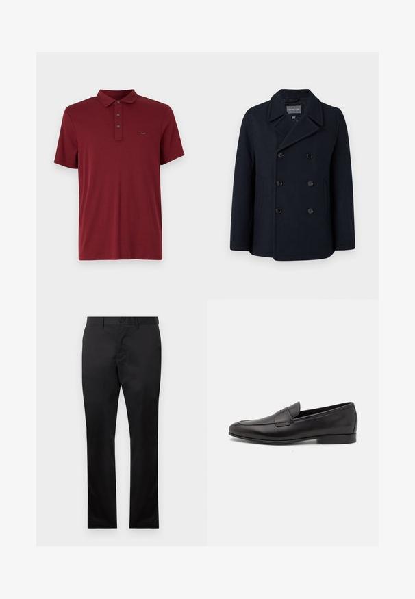 Mornarska jakna od vune s mješavinom, s dvostrukim kopčanjem na gumbe, urezanim ovratnikom, bočnim džepovima i glatkom teksturom. Postavljena unutrašnjost.; Michael Kors SLEEK NEW - Osnovna majica kratkih rukava - bordeaux; Crne pamučne hlače ravnog kroja, s prednjim zatvaranjem na dugme i bočnim džepovima, glatke teksture, bez vidljivih uzoraka.; Crne kožne muške mokasine s niskom petom i klasičnim dizajnom trake za novčiće, prikazane u bočnom profilu na bijeloj pozadini.