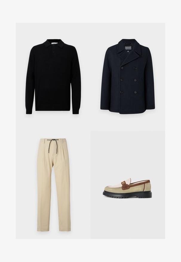 Peacoat em mistura de lã azul-marinho com fecho de botão duplo, colarinho com notches, bolsos laterais e textura suave. Interior forrado.; Camisa polo de mangas longas preta, feita de tecido macio, com colarinho pontudo, três botões e punhos com canelado. Textura lisa sem padrões.; Calças bege com corte reto, apresentando um cós com cordão, frente plissada e textura suave. Design simples e versátil.; Mocassim com painéis em camurça bege, rosa claro e castanho, detalhe de fivela em metal dourado, e sola grossa de borracha preta com padrão de ranhura.