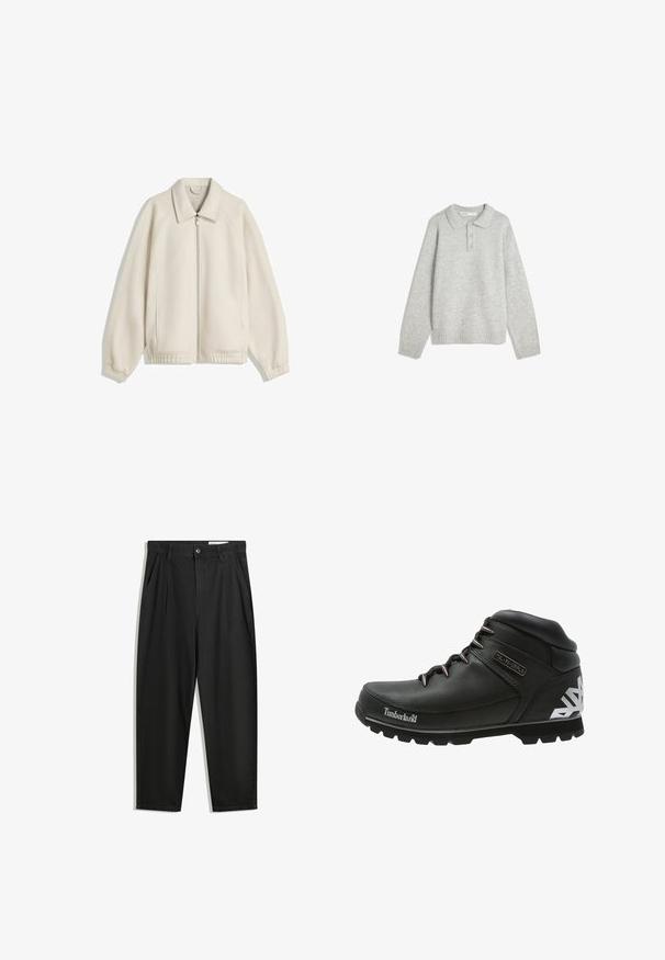 Kurtka w kolorze kremowym, zapinana na zamek, z kołnierzem typu turn-down, rękawami raglanowymi, elastycznymi mankietami i bocznymi kieszeniami; wykonana z teksturowanej tkaniny.; Szary dzianinowy sweter z kołnierzykiem, trzema przyciskami z przodu oraz ribbed dołem. Tkanina wydaje się być miękka i teksturowana, z luźnym krojem.; Czarne bawełniane spodnie o luźnym kroju, z klasycznym pasem, przednimi plisy oraz bocznymi kieszeniami. Gładka struktura, bez wzorów.; Czarne buty trekkingowe z teksturowaną skórzaną cholewką, gumową podeszwą i metalowymi oczkami. Wyraźny biały geometryczny wzór na pięcie. Widoczne logo Timberland.