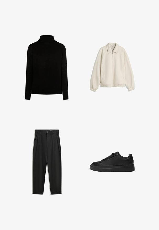 Cremfarbener Reißverschlussjacke mit umschlagbarem Kragen, Raglanärmel, elastischen Bündchen und Seitentaschen; aus strukturiertem Stoff gefertigt.; Schwarzer Rollkragenpullover in Rippoptik, mit langen Ärmeln und einer taillierten Silhouette. Verfügt über gestrickte Details am Kragen und an den Bündchen.; Schwarze Baumwollhose mit lockerem Schnitt, ausgestattet mit einem klassischen Bund, vorderen Falten und Seiten taschen. Glatte Textur ohne Muster.; Schwarzer Sneaker aus glattem Leder, mit runder Zehenpartie, dicker Plattformsohle und traditionellem Schnürdesign mit sechs Ösen.