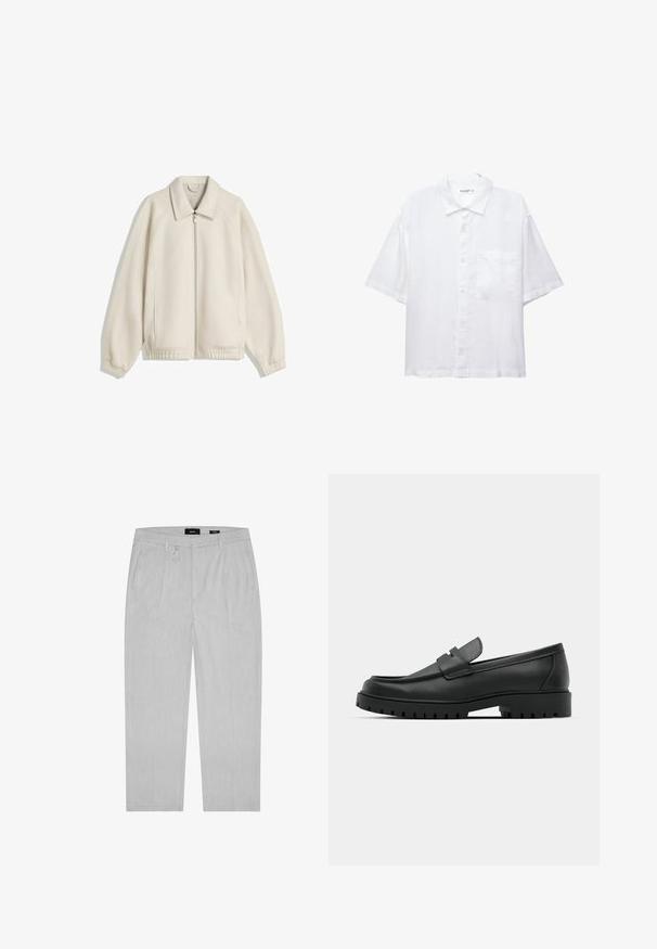 Veste zippée couleur crème avec un col rabattable, des manches raglan, des poignets élastiques et des poches latérales ; fabriquée en tissu texturé.; Chemise blanche à manches courtes avec un devant à boutons, un col et une seule poche poitrine. Fabriquée en tissu léger avec une texture douce.; Pantalon gris clair avec une texture subtile, présentant des plis à l'avant, des poches latérales et des passants de ceinture. Design à jambes droites, style minimaliste.; Mocassins en cuir noir à bout arrondi, avec un design cousu, une semelle plateforme basse et une semelle en caoutchouc texturée et crantée.