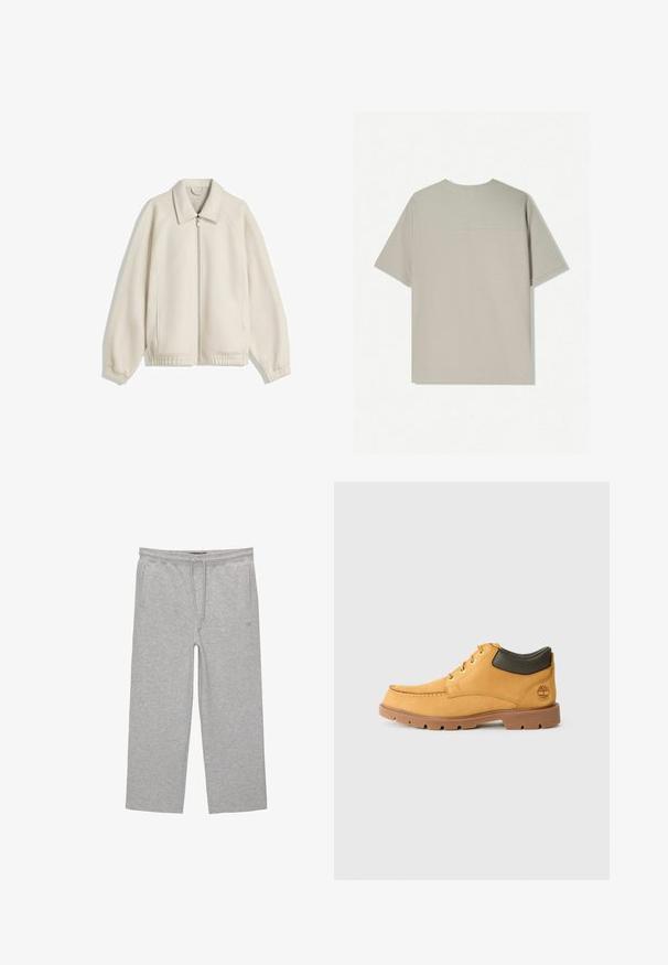 Crème-kleurige zip-up jack met een omgeslagen kraag, raglanmouwen, elastische manchetten en zijzakken; gemaakt van gestructureerde stof.; Beige katoenen t-shirt met korte mouwen. Heeft een eenvoudig ontwerp en een ronde halslijn. Gladde textuur met minimale stiksels op de achterkant.; Grijze katoenen loungebroeken met een elastische tailleband, trekkoord en twee zijzakken; rechte pijpen, zachte textuur, zonder patronen.; Geel leren schoen met een bruine rubberen zool, ronde neus en groene leren enkeldetail. Bevat gouden oogjes en stiksels.