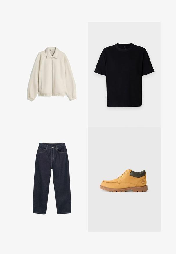 Kremna zip-up jakna s preklopnim ovratnikom, raglan rokavi, elastični manžeti in stranskimi žepi; izdelana iz teksturirane tkanine.; Črna bombažna majica s krojem okoli vratu, kratkimi rokavi in ravnim krojem. Ima minimalno šivanje in mehko, gladko teksturo.; Temno modri kavbojasti hlače ohlapnega kroja, ki imajo pet žepov, kontrastne rumene šive in gumbno zapiranje spredaj.; Rumene usnjene čevlje s svetlo rjavim gumijastim podplatom, okroglim nosom in zelenim usnjenim detajlom na gležnju. Opremljeni so z zlatimi luknjicami in šivi.