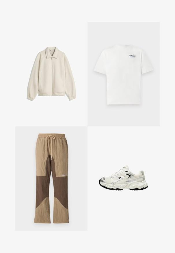 Krém színű, zipzáros dzseki lehajtható gallérral, raglán ujjal, elasztikus mandzsettákkal és oldalsó zsebekkel; textúrált anyagból készült.; Fehér pamut póló, melyen kék hímzett "Timberland Rugged Active Gear" logó található a bal felső mellen. Rövid ujjú és kerek nyakkivágású.; Barna és barna árnyalatú blokk színű nadrág, gumis derékkal, zsinórral és logós felirattal. Texturált anyagból készült, laza szabással.; Fehér sneaker hálós felsőrésszel, ezüst kiegészítőkkel, fekete talppal és textúrázott panelek nélkül. Fűzhető kialakítással és kerek orral rendelkezik.