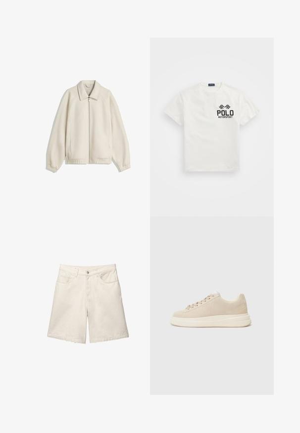 Krém színű, zipzáros dzseki lehajtható gallérral, raglán ujjal, elasztikus mandzsettákkal és oldalsó zsebekkel; textúrált anyagból készült.; Fehér pamut póló, kerek nyakkal, fekete "Polo Motorsport" logóval és keresztben elhelyezett csekkelt zászlókkal a bal mellrészen.; Beige farmernadrág rövidnadrág, kényelmes szabással, öt zsebes dizájnnal és elöl gombos záródással. Az anyaga finom textúrával és tiszta szegéllyel rendelkezik.; Krém színű, lapos talpú bézs suéd tornacipők, kerek fűzőkkel és logóval az oldalukon. Egyszerű és modern dizájn.