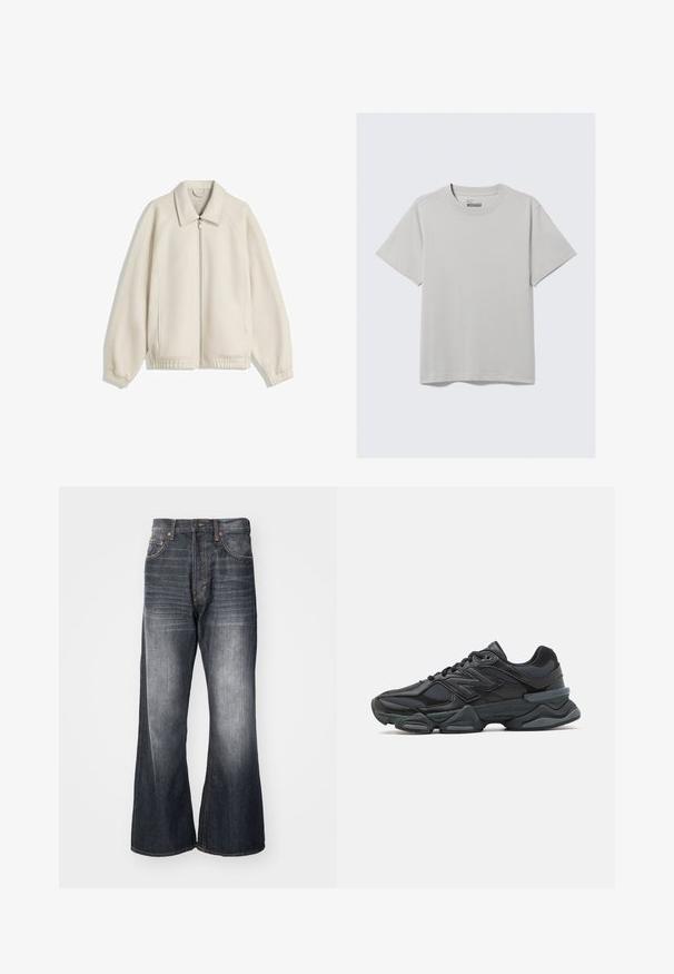 Krém színű, zipzáros dzseki lehajtható gallérral, raglán ujjal, elasztikus mandzsettákkal és oldalsó zsebekkel; textúrált anyagból készült.; Világosszürke pamut póló, kerek nyakkivágással és rövid ujjal, minimalista dizájnnal és kényelmes szabással. Nincsenek minták vagy díszítések.; Weekday TIME LOOSE BOOTCUT - Egyenes szárú farmer - ash black; Fekete futócipő, mely háló és szintetikus anyagok keverékéből készült, vastag talppal, ívelt kialakítással és hangsúlyos logóval az oldalon.