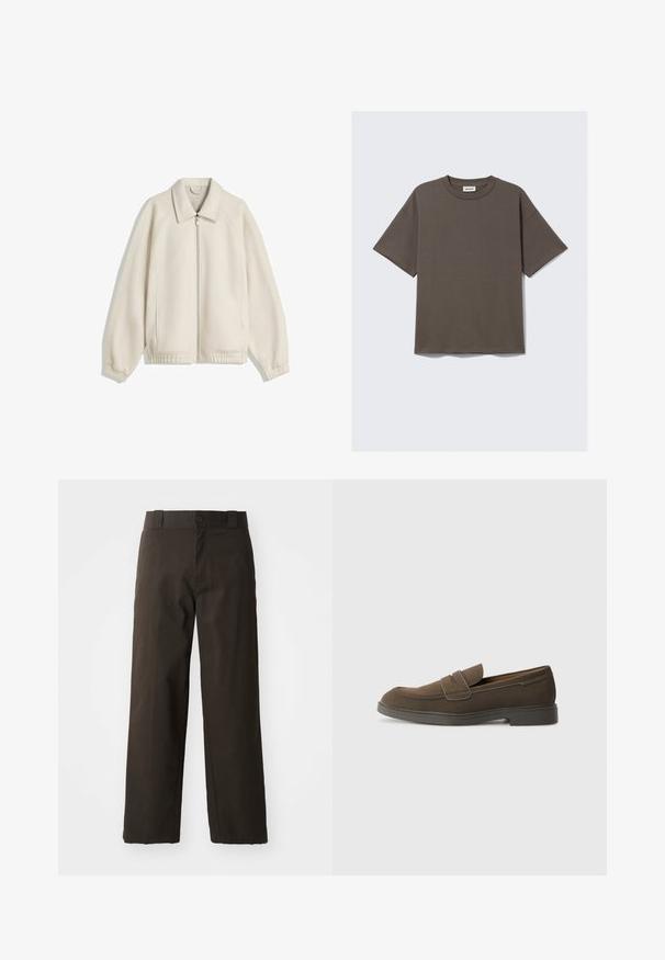 Crème-kleurige zip-up jack met een omgeslagen kraag, raglanmouwen, elastische manchetten en zijzakken; gemaakt van gestructureerde stof.; Donkergroene katoenen T-shirt met ronde hals, korte mouwen en een relaxte pasvorm, met een label dat "WEEKDAY" zegt.; Zwarte katoenen broek met een recht model, voorzien van een knoopsluiting en een klassieke tailleband. Gladde textuur, zonder patronen of accenten.; Bruine suède instap schoenen met een ronde neus, een band over de wreef en een plat rubberen zool. Eenvoudig ontwerp met strakke lijnen en minimale details.