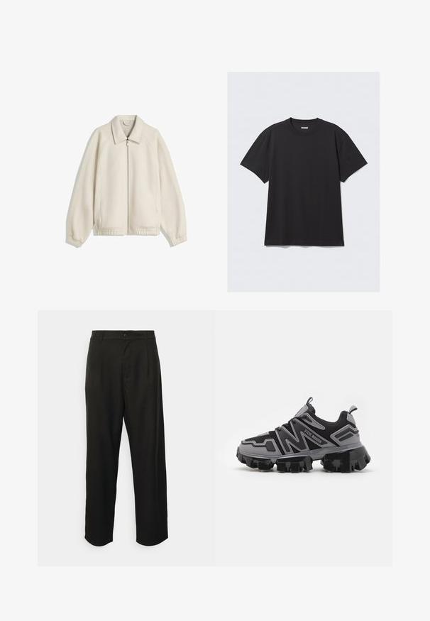 Kurtka w kolorze kremowym, zapinana na zamek, z kołnierzem typu turn-down, rękawami raglanowymi, elastycznymi mankietami i bocznymi kieszeniami; wykonana z teksturowanej tkaniny.; Czarna koszulka z krótkim rękawem wykonana z bawełny. Posiada okrągły dekolt i luźny krój. Prosty design, bez widocznych wzorów czy akcentów.; Czarne eleganckie spodnie uszyte z gładkiej tkaniny, z prostymi nogawkami, fałdami z przodu i zapięciem na jeden guzik.; Steve Madden PRIVE jasnoszary