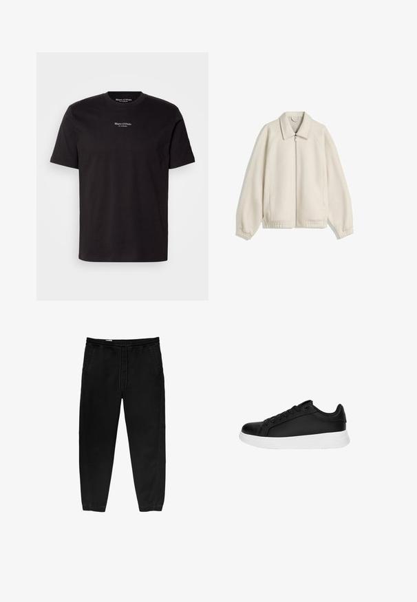 Kurtka w kolorze kremowym, zapinana na zamek, z kołnierzem typu turn-down, rękawami raglanowymi, elastycznymi mankietami i bocznymi kieszeniami; wykonana z teksturowanej tkaniny.; Czarna bawełniana koszulka z krótkim rękawem, okrągłym dekoltem i białym nadrukiem logo na klatce piersiowej. Prosty, klasyczny design.; Czarne spodnie z elastycznym paskiem i sznurkiem, zwężane nogawki, boczne kieszenie oraz subtelne detale szwów po bokach. Miękka bawełniana tkanina.; Czarny sportowy but z gładką skórzaną teksturą, białą gumową podeszwą, okrągłym noskiem i sznurówką z sześcioma oczkami.