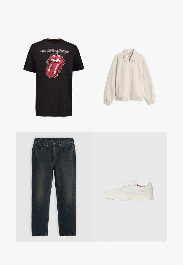 Kurtka w kolorze kremowym, zapinana na zamek, z kołnierzem typu turn-down, rękawami raglanowymi, elastycznymi mankietami i bocznymi kieszeniami; wykonana z teksturowanej tkaniny.; Czarna bawełniana koszulka z dużym, zniszczonym czerwonym wzorem w kształcie języka i ust, z napisem "the Rolling Stones" powyżej oraz rokiem założenia poniżej.; Granatowe dżinsy o prostym kroju, wyposażone w pięć kieszeni, z zamek błyskawicznym i kontrastowym przeszyciem. Subtelne wyblaknięcie na materiale.; Białe skórzane sneakersy o teksturowanej powierzchni, zaokrąglonym nosku i perforowanych detalach. Posiadają białe sznurowadła i jasnobeżową gumową podeszwę.