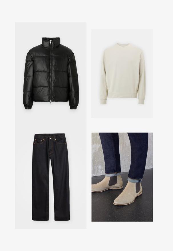 Casaco puffer preto com gola alta, fecho frontal em zíper, design acolchoado, punhos elásticos e acabamento de tecido brilhante e suave.; Sweatshirt bege claro feito de um tecido suave, com decote redondo, mangas compridas e punhos e barra canelados. Design minimalista, sem padrões visíveis.; Calças de ganga pretas para homem, de pernas retas, com cinco bolsos e costura laranja, fecho de botão e zíper na cintura da frente.; Zign LEATHER - Botas clássicas de cano curto - sand