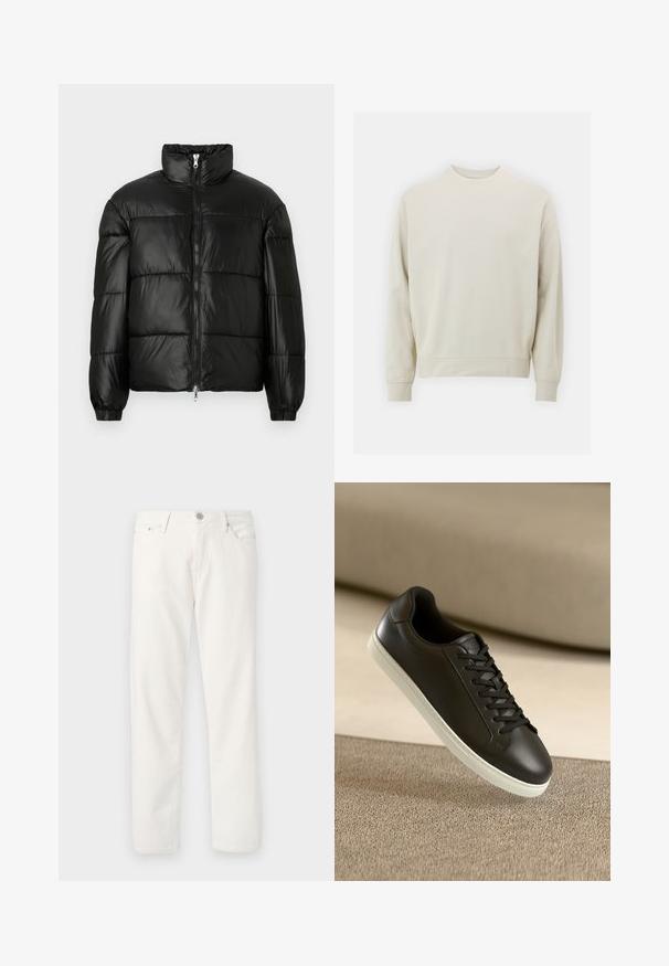 Must mustaga jakker, millel on kõrge krae, luku esikinnitus, tikanditud disain, elastsed mansetid ja läikiv, sile kangast viimistlus.; Soehking heegrebees värviga sweatshirt pehmest kangast, ümmarguse kaelusega, pikkade varrukatega ja ribanitest mansettide ja alläärega. Minimalistlik disain, ilma nähtavate mustriteta.; Valged denimidest teksad sirge lõikega, viie tasku kujundusega, luku ja nööbi sulgemisega ning peene tekstuuriga. Omab vööauke ja kontrastset õmblust.; Mustad nahast tennisetossud valge kummist tallaga ja mustade paeltega, paigutatud beežile kangapinnale ja -taustale.