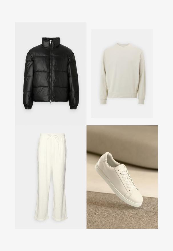 Giacca a vento nera con colletto alto, chiusura frontale con zip, design trapuntato, polsini elasticizzati e finitura in tessuto lucido e liscio.; Felpa beige chiaro realizzata in morbido tessuto con collo rotondo, maniche lunghe e polsini e orlo a costine. Design minimalista, senza motivi visibili.; Pantaloni in lino di colore bianco sporco con vita regolabile, gamba leggermente ampia e orli arrotolati per un fit rilassato. Senza tasche.; Sneaker bianco in pelle con lacci bianchi, esposto su una superficie beige texture e uno sfondo sfocato morbido.