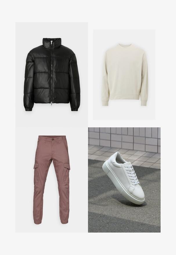 Casaco puffer preto com gola alta, fecho frontal em zíper, design acolchoado, punhos elásticos e acabamento de tecido brilhante e suave.; Sweatshirt bege claro feito de um tecido suave, com decote redondo, mangas compridas e punhos e barra canelados. Design minimalista, sem padrões visíveis.; Calças cargo em tecido bordeaux suave com punhos elásticos, vários bolsos laterais e design frontal plano, adequadas para uso casual ou atividades ao ar livre.; Tênis de couro branco com superfície lisa, bico redondo e cadarços brancos planos. Apresenta uma sola de borracha texturizada e elementos de design minimalistas.