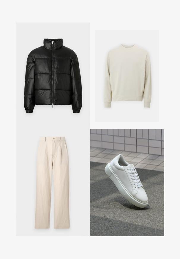 Juodas pūkinis švarkas su aukštu apykakle, užtrauktuko priekyje, siuvinėtu dizainu, elastingais rankogaliais ir blizgia, lygiąja audinio apdaila.; Šviesiai smėlinis džemperis, pagamintas iš minkštos medžiagos, su apvaliu kaklu, ilgomis rankovėmis, ir rebrastu rankogaliu bei apatine dalimi. Minimalistinis dizainas, be matomų raštų.; Bežiniai lininiai kelnių, laisvo kirpimo, su lygiu priekiu, vienu mygtuku ir dviem kišenėmis. Susiraukšlėjusi tekstūra suteikia detalumo.; Balti odiniai sportbačiai su lygiu paviršiumi, apvalia nosimi ir plokščiomis baltomis raištelėmis. Yra tekstūruotas gumos padas ir minimalizmas dizaino elementuose.