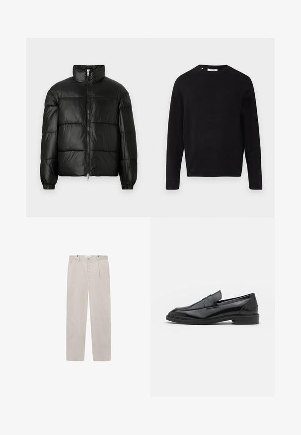 Zwarte pufferjack met een hoge kraag, ritsvoorzijde, gestikt ontwerp, elastische manchetten en een glanzende, gladde stofafwerking.; Zwarte gebreide trui met een ronde halslijn, lange mouwen en een relaxed fit. Glad textuur, minimalistisch ontwerp, geen patronen of versieringen.; Lichtbeige broek van zachte stof, met een rechte snit, twee zijzakken en een knoopsluiting aan de voorkant. Lichtgewicht en gladde textuur.; Zwarte leren instappers met een gladde afwerking, voorzien van een ronde neus en een smalle band over de bovenkant. Lage gestapelde hak.