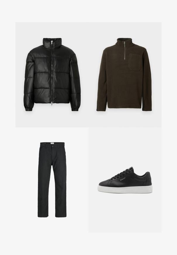 Černá péřová bunda s vysokým límcem, zapínáním na zip, prošívaným designem, elastickými manžetami a lesklým, hladkým povrchem.; Hnědý fleece pulovr s vysokým límcem, půlzipem a kapsou na hrudi. Měkká struktura a uvolněný střih, s dlouhými rukávy.; Černé kalhoty vyrobené z odolné tkaniny, s rovnými nohavicemi, šitými akcenty a dvěma předními kapsami pro praktičnost.; Černé kožené tenisky s bílou gumovou podrážkou. Mají kulatou špičku, šněrování vpředu a embosované logo na boku. Hladký povrch.