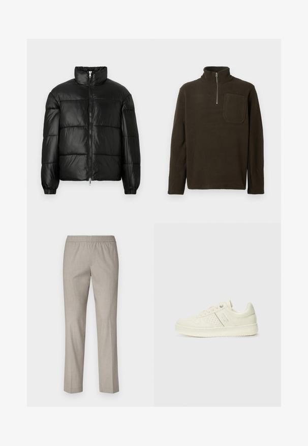 Black puffer jacket with a high collar, zip front closure, quilted design, elastic cuffs, and shiny, smooth fabric finish.; Brown fleece pullover with a high collar, half zip, and a chest pocket. Soft texture and relaxed fit, with long sleeves.; Light gray trousers with an elastic waistband, straight leg design, and a smooth fabric texture. No visible patterns or hardware details.; Cream-colored sneaker with perforated detailing, laces, and logo on the side, displayed against a plain white background.