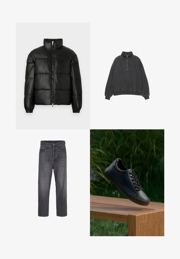 Czarna kurtka puchowa z wysokim kołnierzem, zapięciem na zamek błyskawiczny z przodu, pikowanym wzorem, elastycznymi mankietami oraz błyszczącym, gładkim wykończeniem materiału.; Szary sweter, mieszanka bawełny, projekt z pół zamkiem, wysoki kołnierz, ściągacze u dołu i na rękawach, z małym logo na klatce piersiowej.; Ciemnoszare dżinsy o prostym kroju, wysoka talia, pięć kieszeni i subtelne wyblaknięcia. Metalowy guzik i zamek błyskawiczny.; Czarne skórzane trampki o gładkiej fakturze, okrągłym nosku i płaskich sznurówkach, umieszczone na drewnianej powierzchni z zieloną trawą w tle.