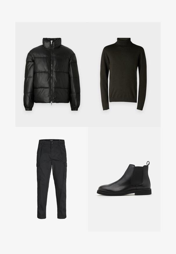 Črna pufasta jakna z visokim ovratnikom, z zadrgo spredaj, prešito zasnovo, elastičnimi manšetami in sijočim, gladkim zaključkom tkanine.; Temno zeleni pulover s turtleneck iz mehke pletene tkanine, ki ima dolge rokave ter rebraste manšete in rob. Gladka tekstura z minimalnimi detajli.; Črne cargo hlače iz trdnega blaga, ki imajo več žepov, gumbasto zapiranje in ozek kroj z zožanimi nogami.; Črne usnjene Chelsea škornje z elastičnimi bočnimi paneli in zanka za obuvanje. Okrogla kapa in ravno gumijasto dno, kar poudarja gladko zaključeno površino.