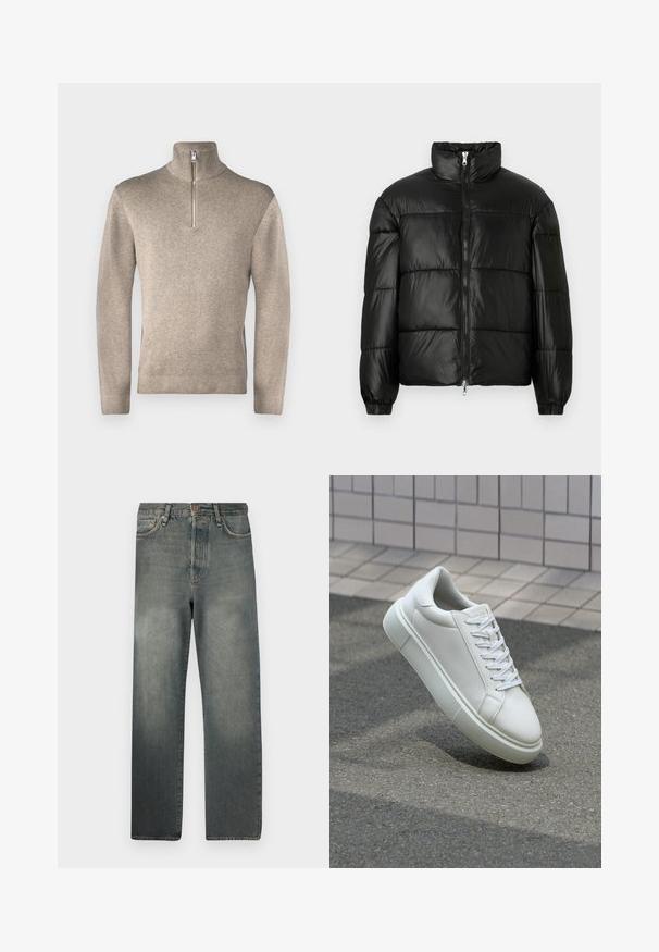 Schwarze Daunenjacke mit hohem Kragen, Reißverschluss vorne, gestepptem Design, elastischen Bündchen und glänzendem, glattem Stofffinish.; Jack & Jones PREMIUM JPRBLAMILANO HALF ZIP - Strickpullover - greige; Jack & Jones JJIALEX JJCOOPER - Baggy Jeans - black denim; Weiße Leder-Sneaker mit glatter Oberfläche, runder Zehenpartie und flachen weißen Schnürsenkeln. Verfügt über eine strukturierte Gummisohle und minimalistische Designelemente.
