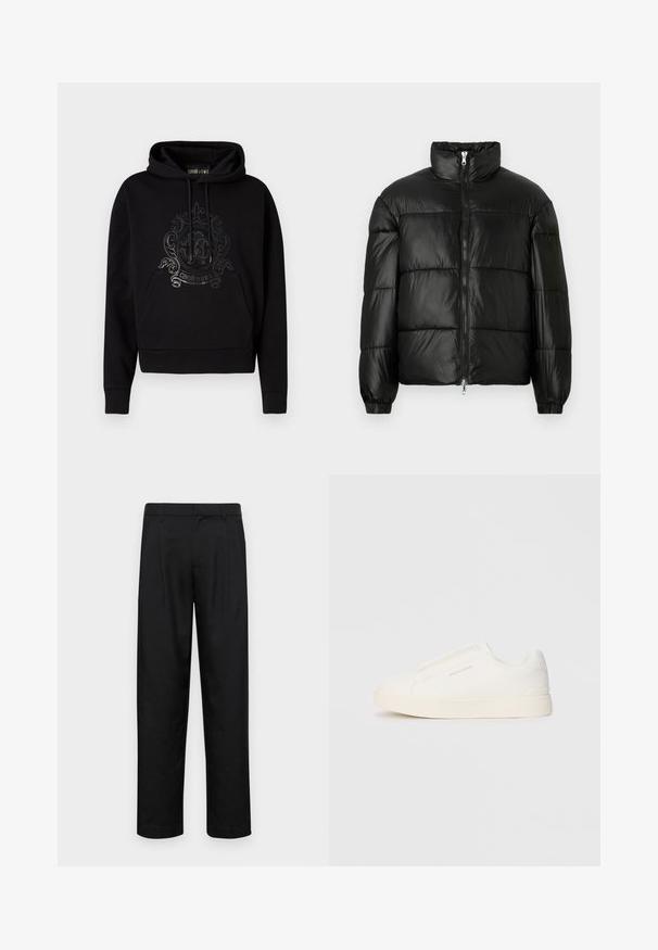 Μαύρο μπουφάν με φουσκωτό σχέδιο, ψηλό γιακά, κλείσιμο με φερμουάρ μπροστά, ραφές τύπου καπιτονέ, ελαστικές μανσέτες και γυαλιστερή, λεία υφή.; Μαύρο φούτερ με κουκούλα που διαθέτει μπροστινή τσέπη, κορδόνια και λαμπερό διακοσμητικό λογότυπο στο στήθος. Απαλή υφή υφάσματος.; Μαύρο παντελόνι από λείο ύφασμα, με ίσια γραμμή, δύο μπροστινές πιέτες και κανονική μέση με θηλιές ζώνης.; Λευκά slip-on παπούτσια με υφή, παχύ πάτο και μινιμαλιστικό σχέδιο. Φέρει το λογότυπο της μάρκας στο πλάι.