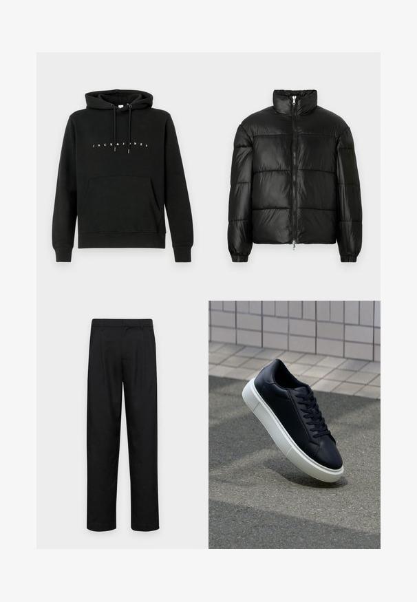 Casaco puffer preto com gola alta, fecho frontal em zíper, design acolchoado, punhos elásticos e acabamento de tecido brilhante e suave.; Hoodie preto em algodão com um bolso canguru frontal, capuz com cordão e texto branco "JACK & JONES" no peito. Textura suave.; Calças pretas feitas de tecido suave, com um design de perna reta, dois pregas frontais e uma cintura padrão com passantes para cinto.; Sapatilha de couro preto com bico arredondado e sola de borracha branca. Apresenta atacadores planos e costuras mínimas na parte superior. Sola texturizada para melhor aderência.
