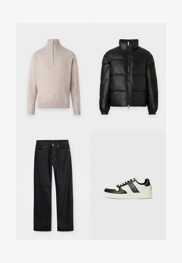 Svart puffjacka med hög krage, dragkedja fram, kviltat mönster, elastiska ärmslut och en blänkande, slät ytfinish.; Beige kvartzip-pullovertröja i mjukt stickat material. Har ribbad krage och muddar, med en avslappnad passform och sömlös design.; Svart denimjeans för män med rak passform, fem fickor och orangea sömmar, med knäppning och dragkedja fram i midjan.; Läder sneakers med en svart och krämfärgad färgsättning, med perforerade detaljer, en vadderad krage och en strukturerad yttersula.