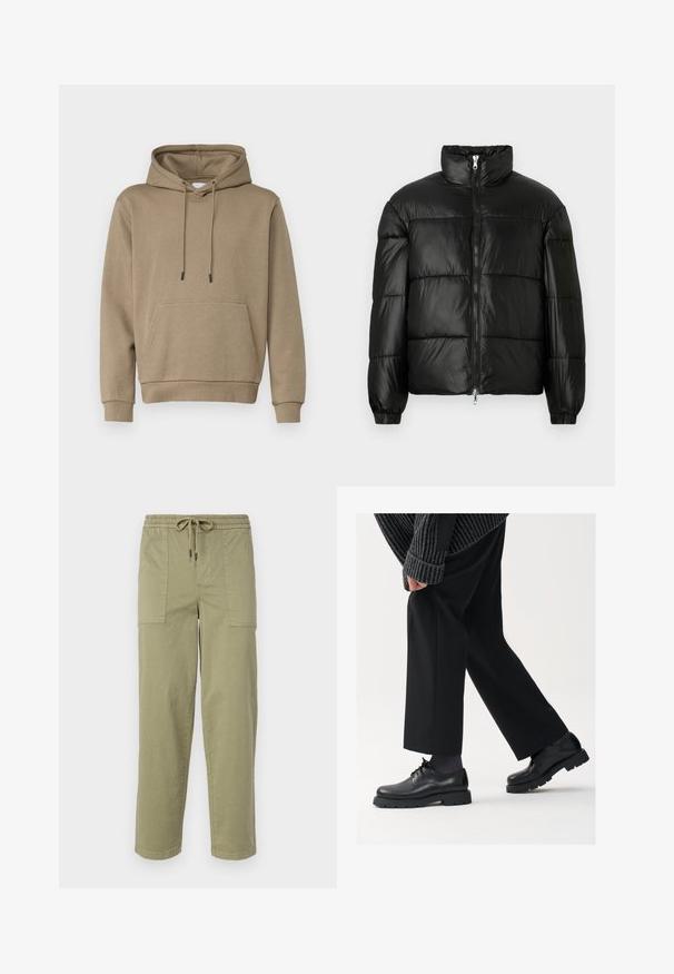 Must mustaga jakker, millel on kõrge krae, luku esikinnitus, tikanditud disain, elastsed mansetid ja läikiv, sile kangast viimistlus.; Kergelt pruun kapuutsiga dressipluus, mis on valmistatud pehmest kangast. Omab eesmist taskut ja soonikkäeotsi. Lihtne disain koos kinnitusnööridega.; Kerged oliivrohelised püksid, mis on valmistatud puuvilla segakangast, elastse vöökoha ja nööriga, ning kahel suurel küljeosal.; Mustad mustad nahast kingad ümarate varvastega, nööridega disain ja paks tekstuurne talla. Kanda koos kohandatud mustade pükstega ja ribadega sviitriga.