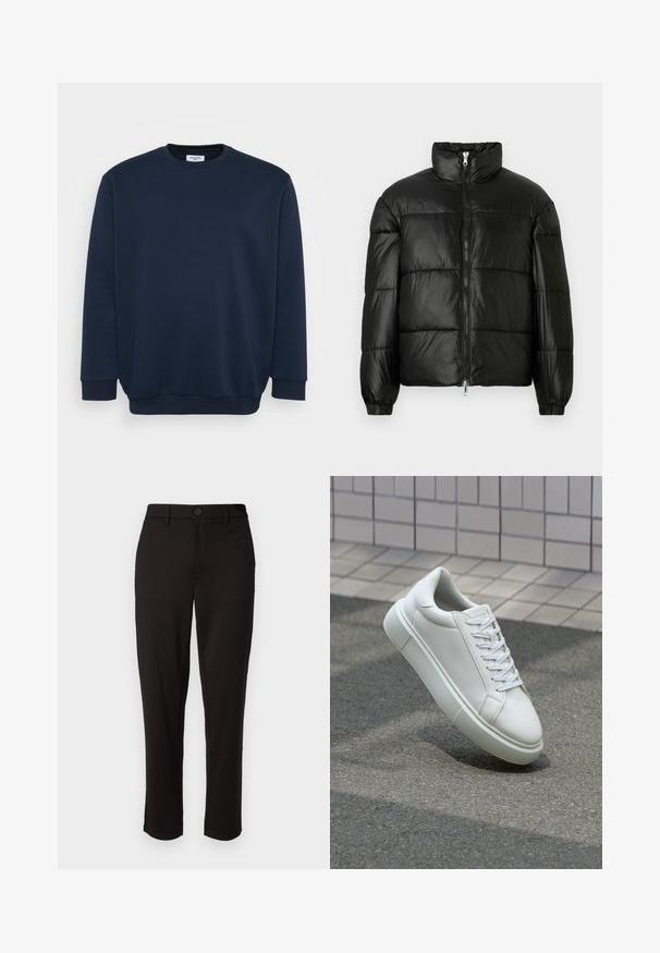 Casaco puffer preto com gola alta, fecho frontal em zíper, design acolchoado, punhos elásticos e acabamento de tecido brilhante e suave.; Sweatshirt azul marinho feito de uma mistura suave de algodão, com gola redonda, mangas longas e punhos e bainha canelados. Design minimalista sem padrões.; Calças pretas feitas de tecido leve, com perna reta, fecho frontal com botão, passadores de cinto e bolsos laterais.; Tênis de couro branco com superfície lisa, bico redondo e cadarços brancos planos. Apresenta uma sola de borracha texturizada e elementos de design minimalistas.