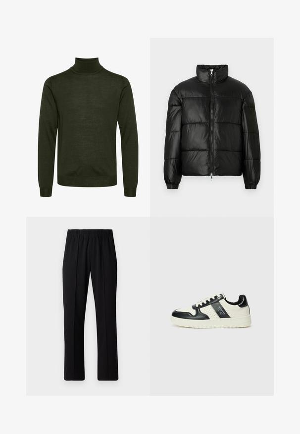 Zwarte pufferjack met een hoge kraag, ritsvoorzijde, gestikt ontwerp, elastische manchetten en een glanzende, gladde stofafwerking.; Donkergroene langärmige coltrui met geribde manchetten en tailleband, met een gladde gebreide textuur.; Zwarte, elastische broek met rechte pijpen, met een gladde textuur en zonder zichtbare patronen of hardware.; Leren sneakers met een zwart en crèmekleurig kleurenschema, voorzien van geperforeerde accenten, een gevoerde kraag en een gestructureerde buitenzool.