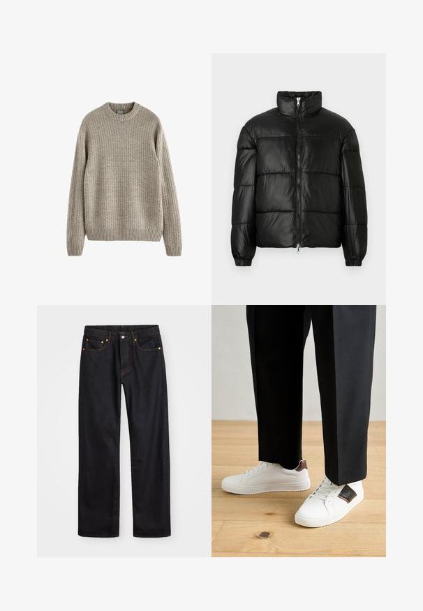 Černá péřová bunda s vysokým límcem, zapínáním na zip, prošívaným designem, elastickými manžetami a lesklým, hladkým povrchem.; Beige svetr s ribovaným vzorem, kulatým výstřihem a dlouhými rukávy. Obsahuje ribovaný lem a manžety.; Pánské černé džíny rovného střihu s pěti kapsami a oranžovým prošíváním, s knoflíkem a zipem na předním pásku.; Bílé tenisky s hladkým povrchem, s hnědými koženými akcenty a černými detaily, kombinované s černými kalhotami na míru. Pozadí tvoří dřevěná podlaha.