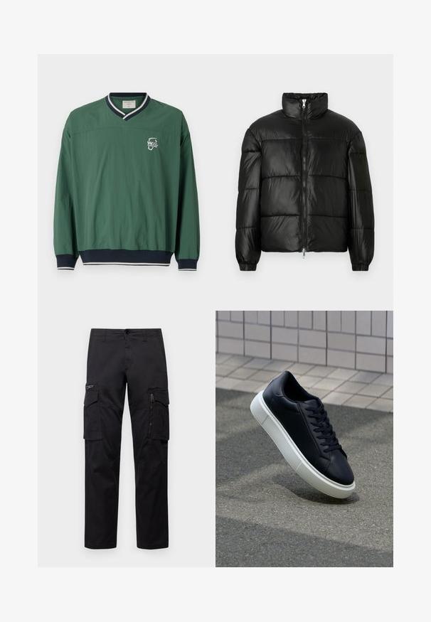 Czarna kurtka puchowa z wysokim kołnierzem, zapięciem na zamek błyskawiczny z przodu, pikowanym wzorem, elastycznymi mankietami oraz błyszczącym, gładkim wykończeniem materiału.; Zielony sweter z dekoltem w serek, kontrastującym granatowym rypsowym kołnierzem i elastycznymi mankietami. Posiada małe białe logo na piersi. Lekki materiał.; Czarne spodnie cargo z wieloma kieszeniami, zamykaną kieszenią na udzie, prostym krojem oraz wytrzymałym bawełnianym materiałem z delikatnym połyskiem.; Czarne skórzane sneakersy z okrągłym noskiem i białą gumową podeszwą. Posiadają płaskie sznurowadła i minimalne przeszycia na cholewce. Teksturowana podeszwa zapewnia przyczepność.