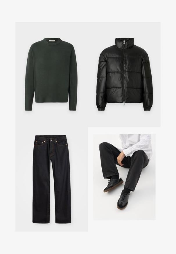 Giacca a vento nera con colletto alto, chiusura frontale con zip, design trapuntato, polsini elasticizzati e finitura in tessuto lucido e liscio.; Maglione verde scuro lavorato a maglia con scollatura rotonda, maniche lunghe e una consistenza morbida, caratterizzato da un design semplice e senza cuciture.; Jeans neri in denim dritto da uomo con cinque tasche e cuciture arancioni, chiusura con bottone e zip sulla vita anteriore.; Sneaker nere con una tomaia liscia e testurizzata, con suola in gomma e lacci scuri. Abbinati a jeans neri e una camicia bianca a righe.