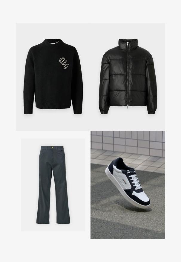 Μαύρο μπουφάν με φουσκωτό σχέδιο, ψηλό γιακά, κλείσιμο με φερμουάρ μπροστά, ραφές τύπου καπιτονέ, ελαστικές μανσέτες και γυαλιστερή, λεία υφή.; Μαύρο πλεκτό πουλόβερ με λαιμόκοψη, διαθέτοντας ριμπ μανσέτες και τελείωμα. Κεντημένα γράμματα "ORG" σε αντίθετο χρώμα στο στήθος.; Μαύρο παντελόνι με ίσια γραμμή, κατασκευασμένο από ύφασμα από μείγμα βαμβακιού. Διαθέτει μεταλλικό κούμπωμα και πλαϊνές τσέπες. Χωρίς εμφανή σχέδια.; Λευκό και ναυτικό δερμάτινο sneaker με υφή στη σόλα, σχέδιο με κορδόνια και ετικέτα μάρκας. Διαθέτει τρυπητή περιοχή στο μπροστινό μέρος και μαξιλαρωμένο κολάρο.